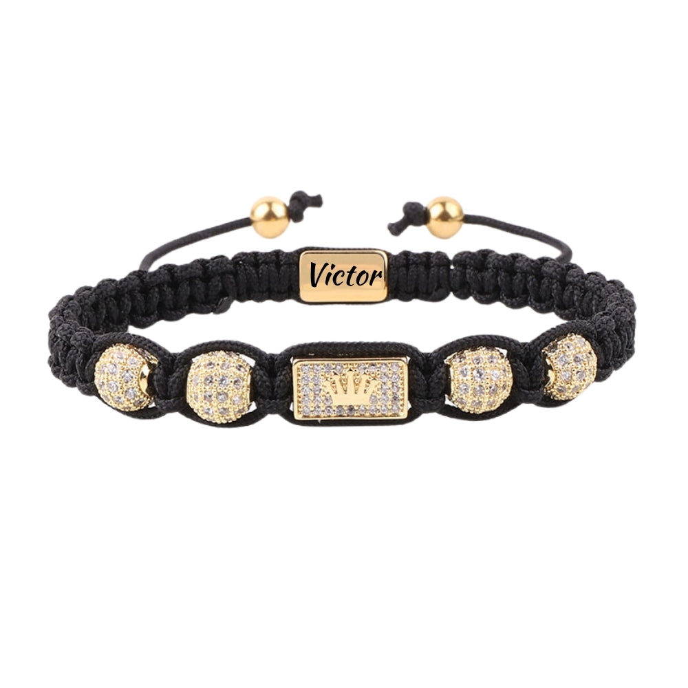 Brățară Premium Gravată din Șnur Negru cu Coroană Regală Aurie și Pietre Zirconiu, placată cu aur 14K, pentru Bărbați