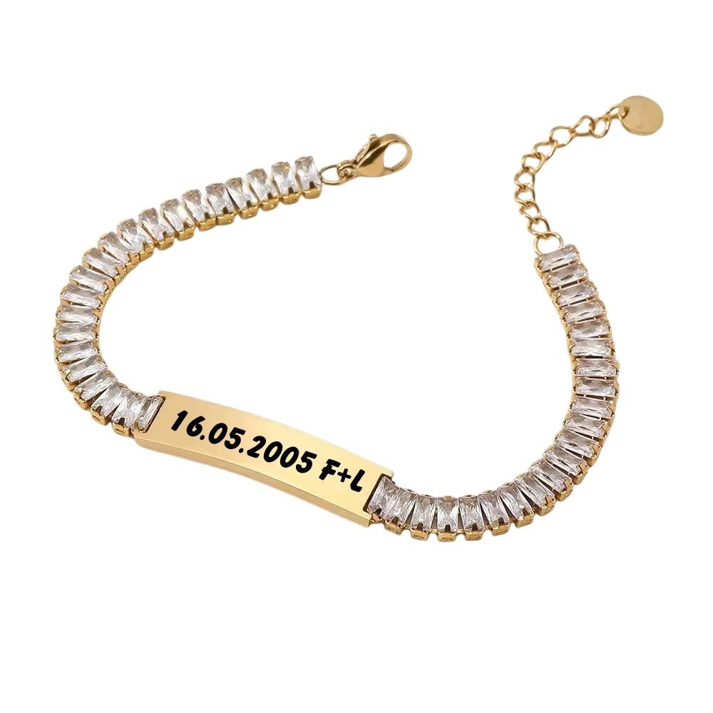 Brățară Glam Tennis cu Cristale Cubic Zirconia și Plăcuță Personalizabilă