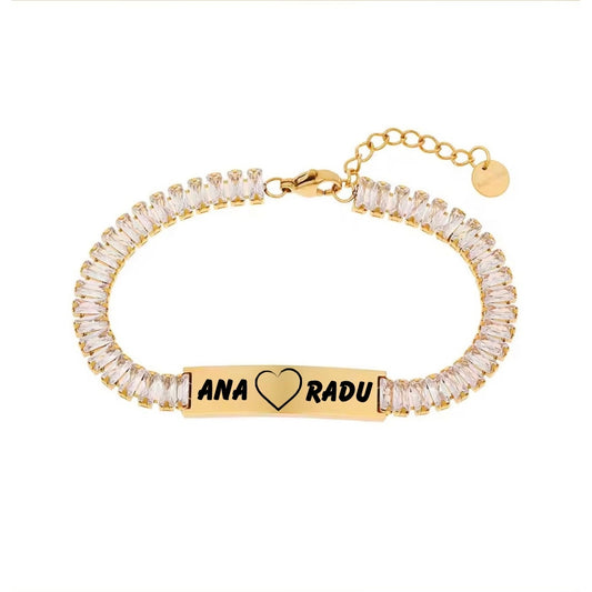 Brățară Glam Tennis cu Cristale Cubic Zirconia și Plăcuță Personalizabilă