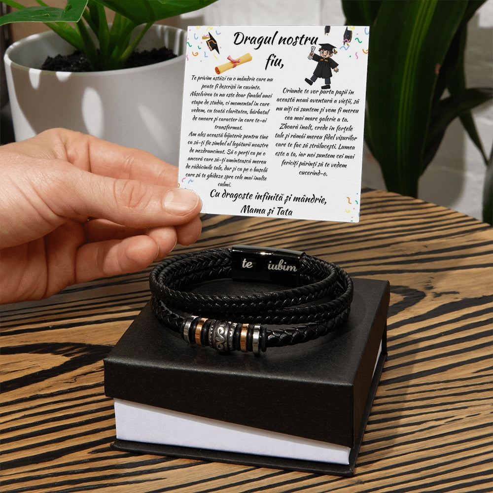 Brățară Piele Gravată — Cadou Absolvire Fiu cu Mesaj Personalizat